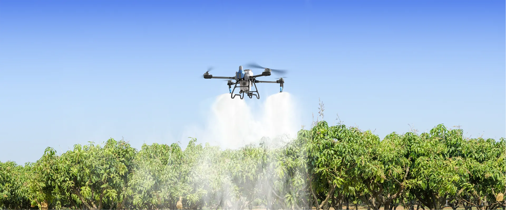 Dron agrícola EAVision fumigando un huerto